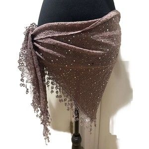 Sequence Embroidered Fringe Swim Sarong / Wrap Mauve Color Stretch Fabric